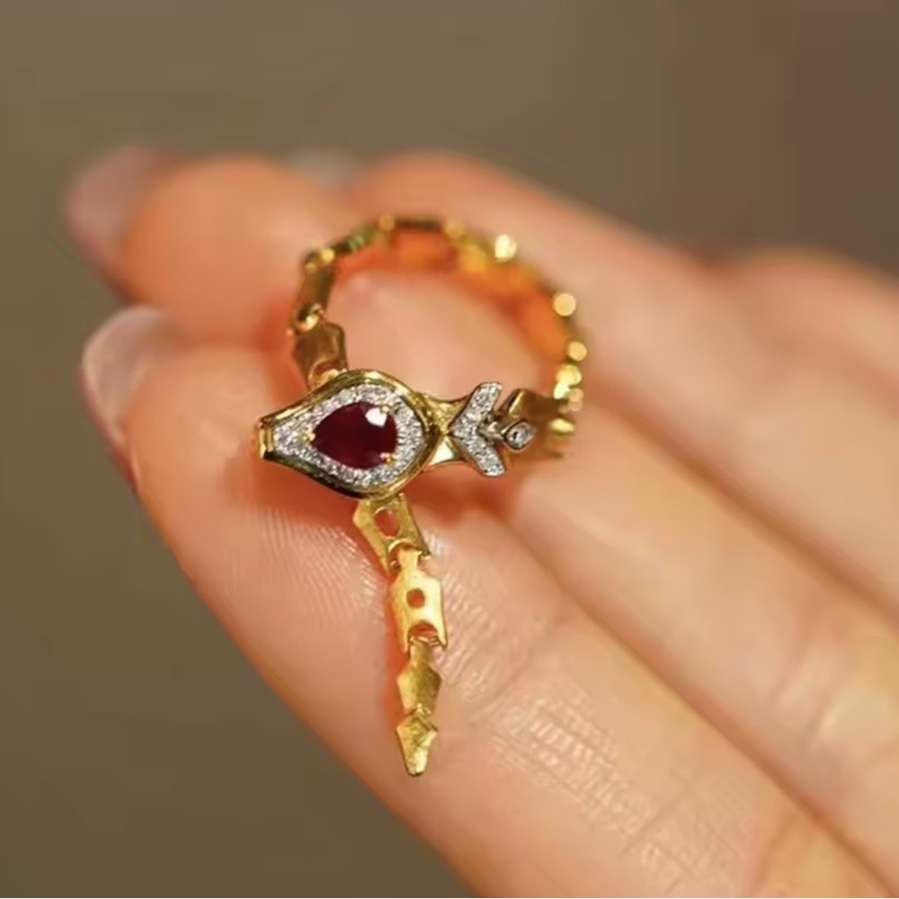 Gold Chain Snake Ring with Red Gemstone